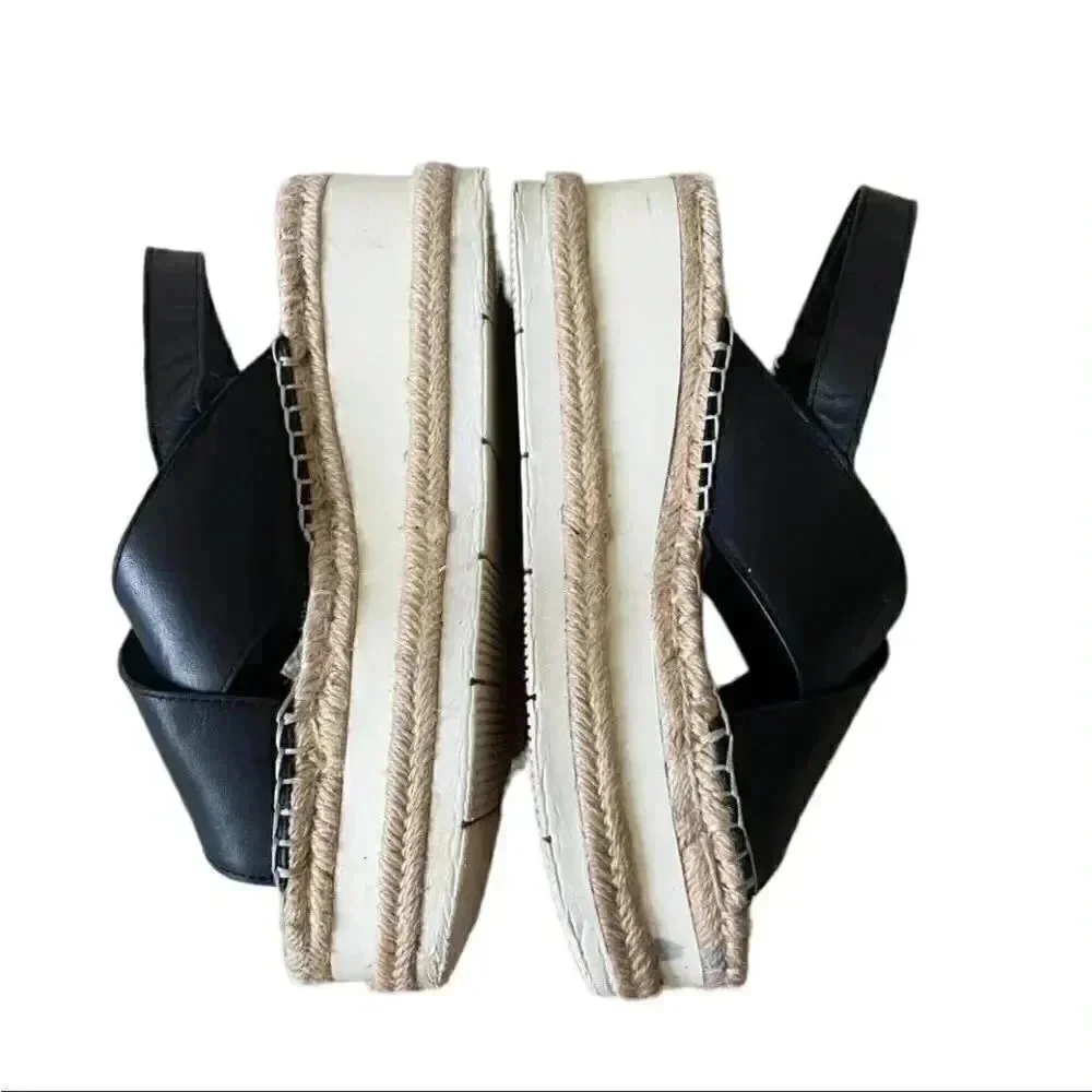 Marc Fisher Gandy Black Platform Wedge Espadrille Leather Sandals SZ 9M